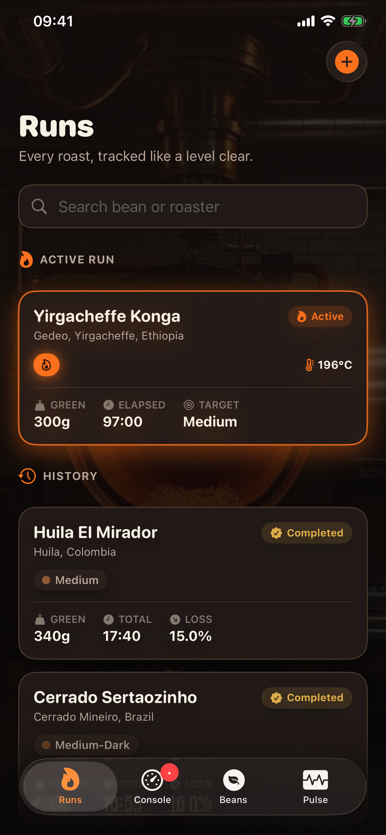 Runs list with active roast card